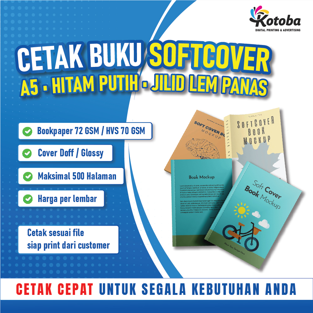 Jasa Cetak Buku Softcover Laminasi Glossy | Custom Isi & Cover | A5 | HVS/Bookpaper