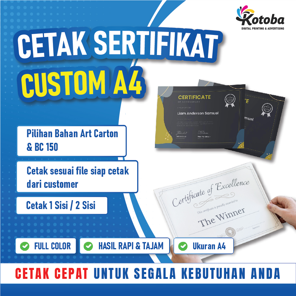 Cetak Sertifikat Custom A4 260 gsm Full Color 1 Sisi | Piagam Penghargaan Seminar Pelatihan | Art Paper / Art Carton