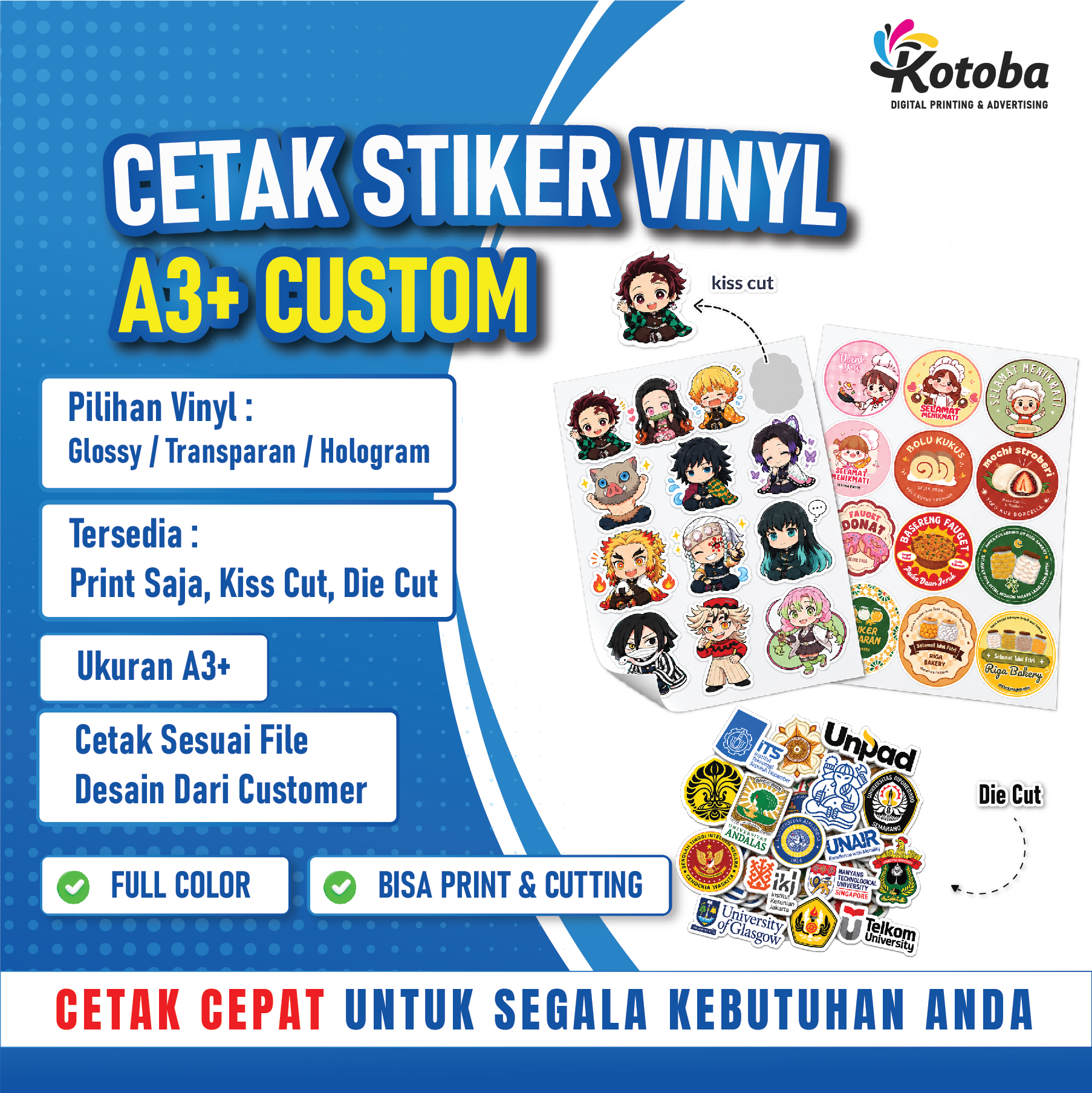 Stiker Vinyl Glossy A3+ Custom Kiss Cut| Cetak Stiker Full Color | Vinyl Glossy / Doff | Bisa Cutting