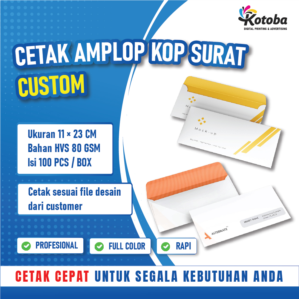 Cetak Amplop|Kop Surat Custom 1 Sisi|Murah|Ukuran 11x23cm|Warna putih