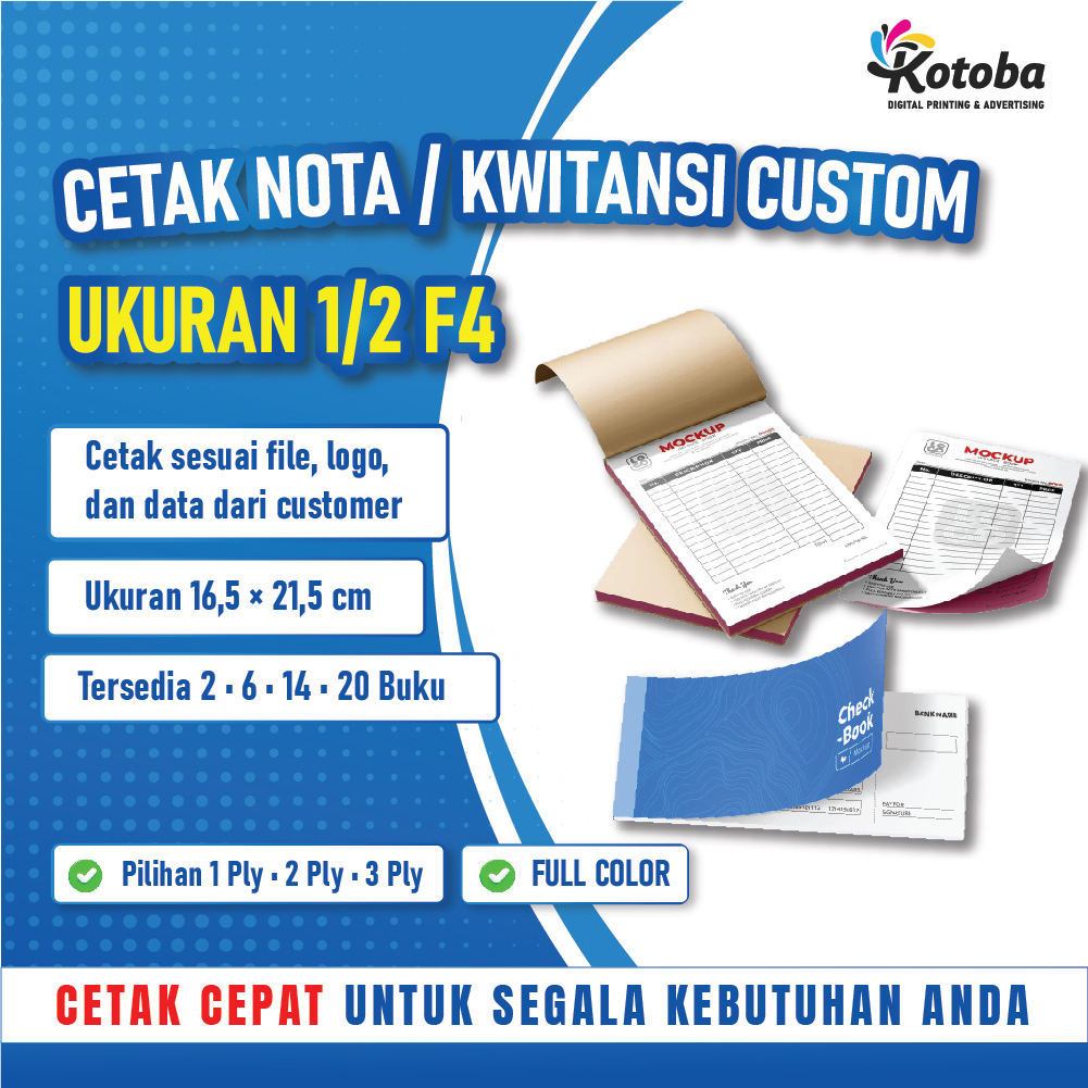 Cetak Nota, Kwitansi Custom, Nota Usaha, NCR, 1/2 F4, 14 Buku, 3 Ply, Logo, Nama Toko.