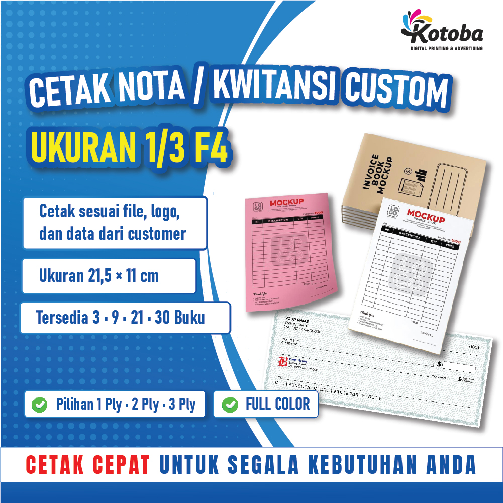 Cetak Nota, Kwitansi Custom, Nota Usaha, NCR, 1/3 F4, 30 Buku, 1 Ply, Logo, Nama Toko.