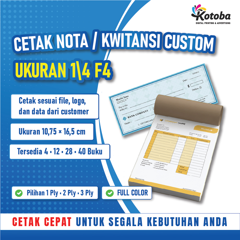 Cetak Nota, Kwitansi Custom, Nota Usaha, NCR, 1/4 F4, 1 Buku, 2 Ply, Logo, Nama Toko.