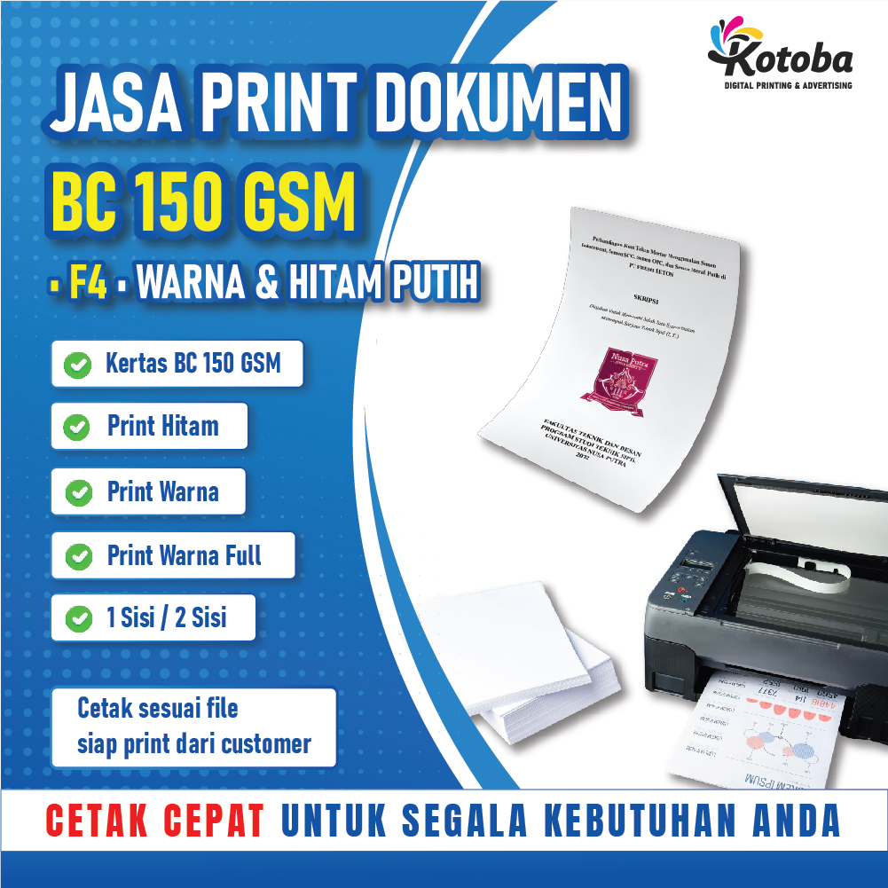 Jasa Print Online Dokumen PDF 150 gsm  Full Warna 2 Sisi | Cetak Warna & Hitam Putih | A4 F4 BC | Print Tugas Skripsi Makalah File Online